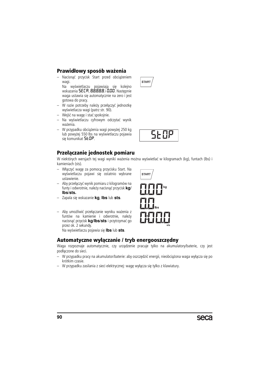 Prawidłowy sposób ważenia, Przełączanie jednostek pomiaru, Automatyczne wyłączanie / tryb energooszczędny | Seca 703 User Manual | Page 90 / 102