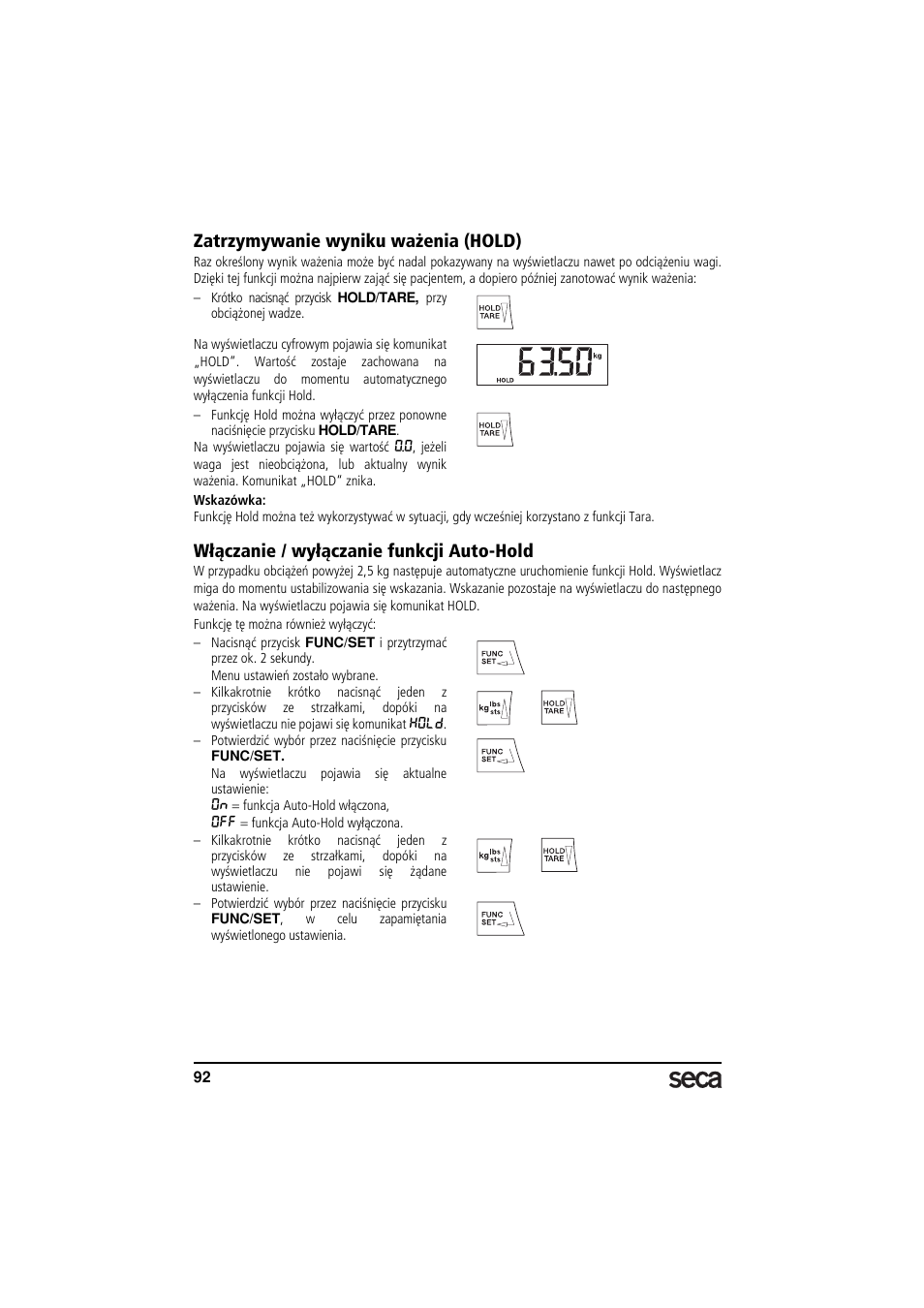 Zatrzymywanie wyniku ważenia (hold), Włączanie / wyłączanie funkcji auto-hold | Seca 703 User Manual | Page 92 / 102