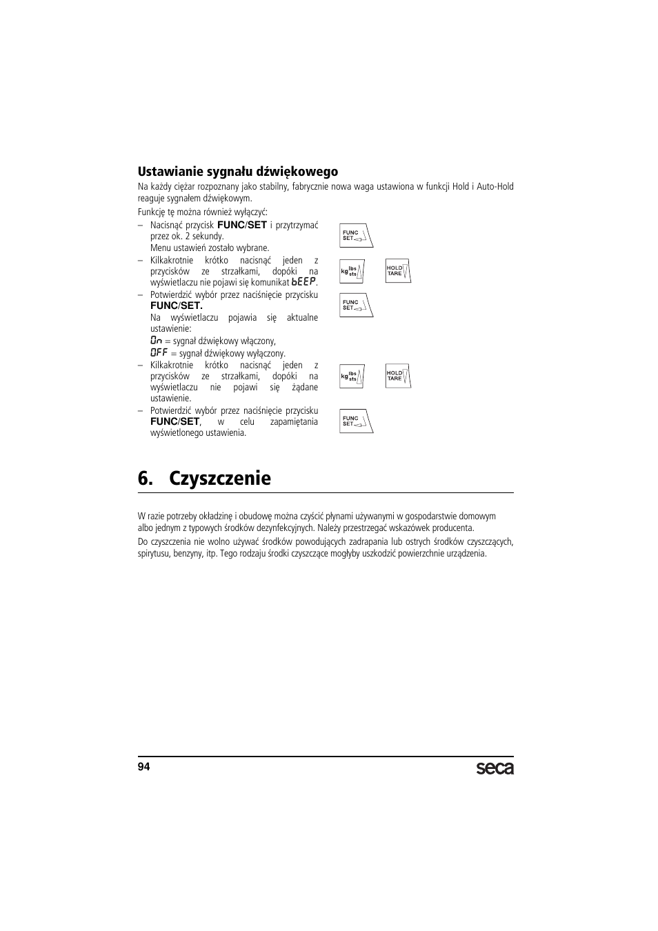 Ustawianie sygnału dźwiękowego, Czyszczenie | Seca 703 User Manual | Page 94 / 102