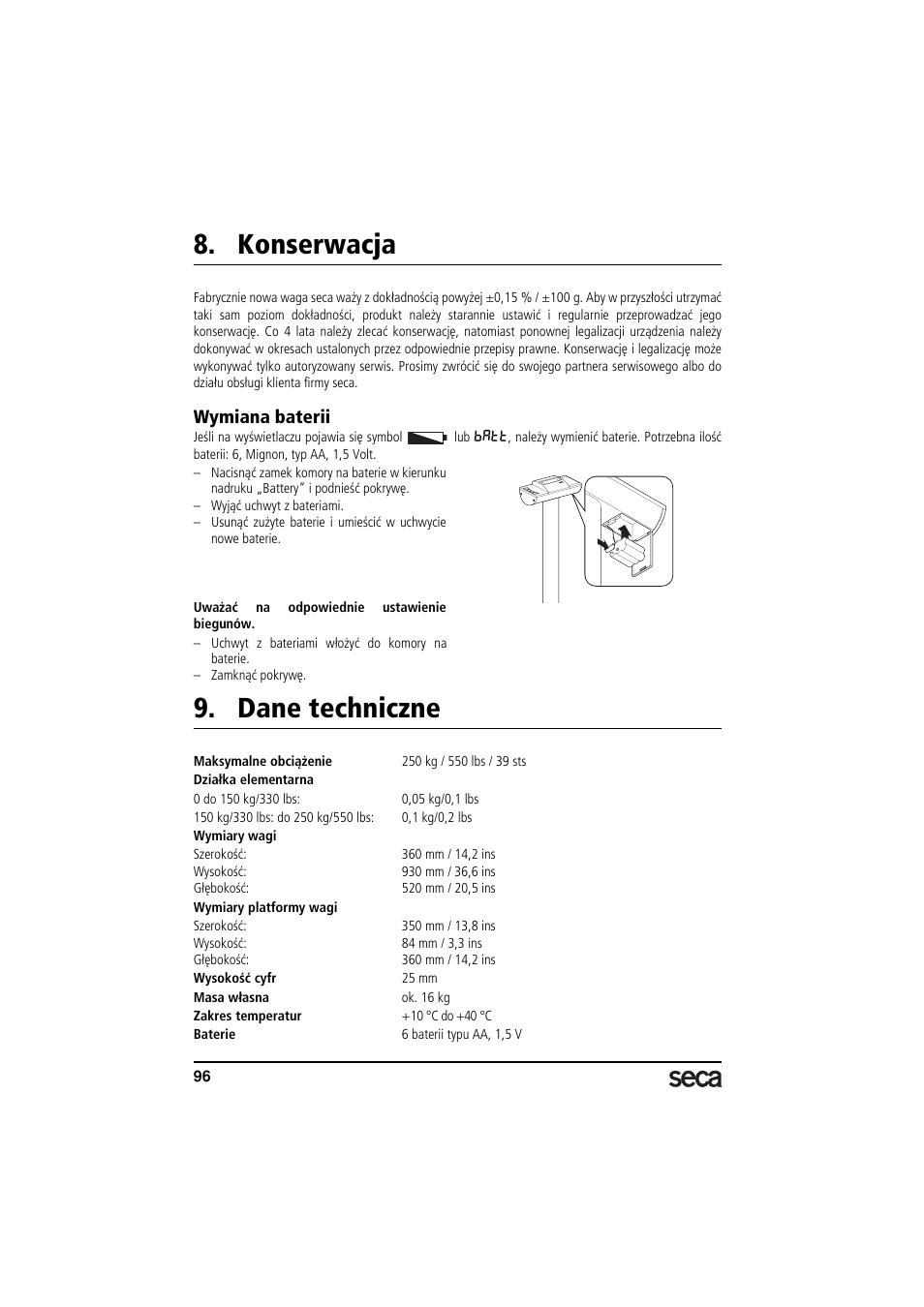 Konserwacja, Wymiana baterii, Dane techniczne | Seca 703 User Manual | Page 96 / 102