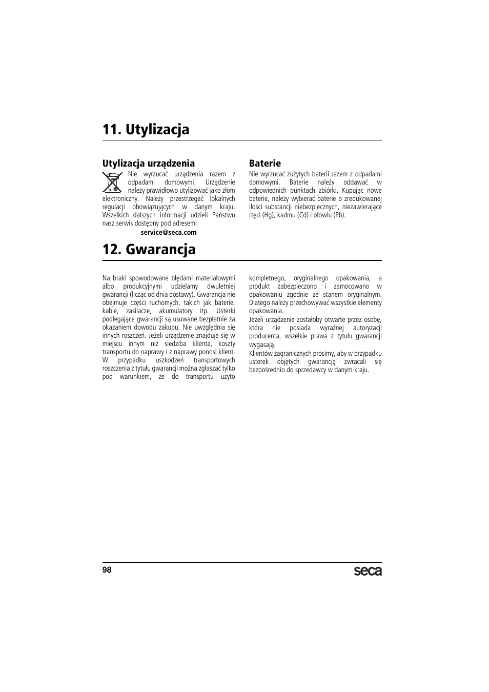 Utylizacja, Utylizacja urządzenia, Baterie | Gwarancja | Seca 703 User Manual | Page 98 / 102