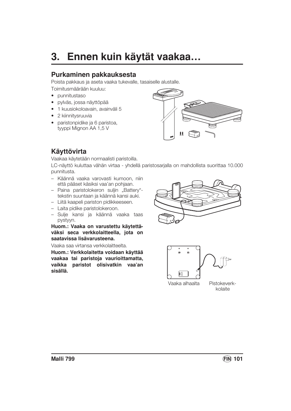 Ennen kuin käytät vaakaa, Purkaminen pakkauksesta, Käyttövirta | Seca 799 User Manual | Page 101 / 162