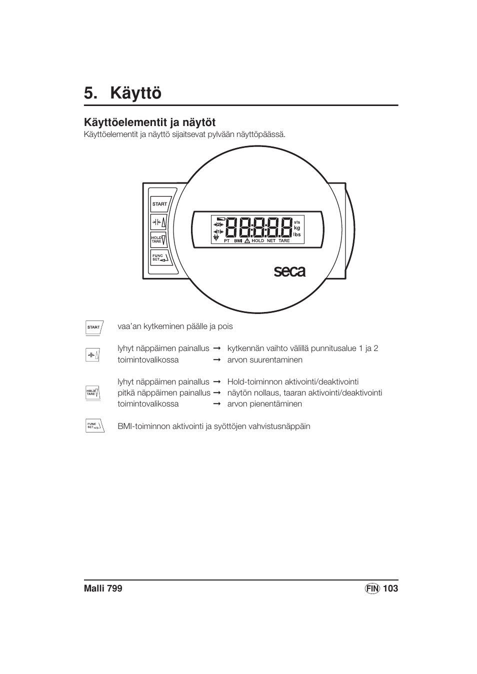 Käyttö, Käyttöelementit ja näytöt | Seca 799 User Manual | Page 103 / 162