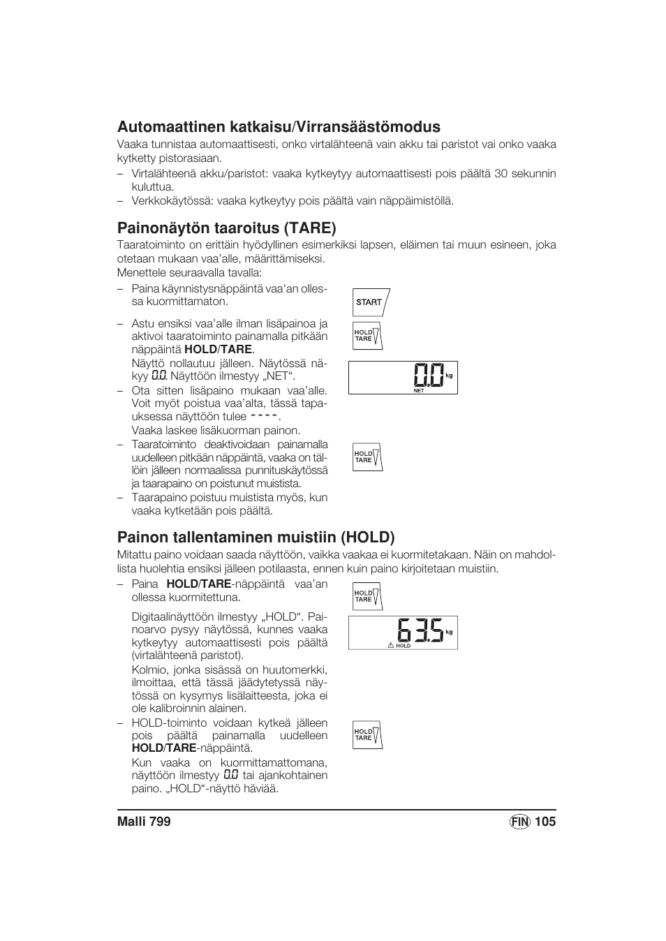Automaattinen katkaisu/virransäästömodus, Painonäytön taaroitus (tare), Painon tallentaminen muistiin (hold) | Seca 799 User Manual | Page 105 / 162