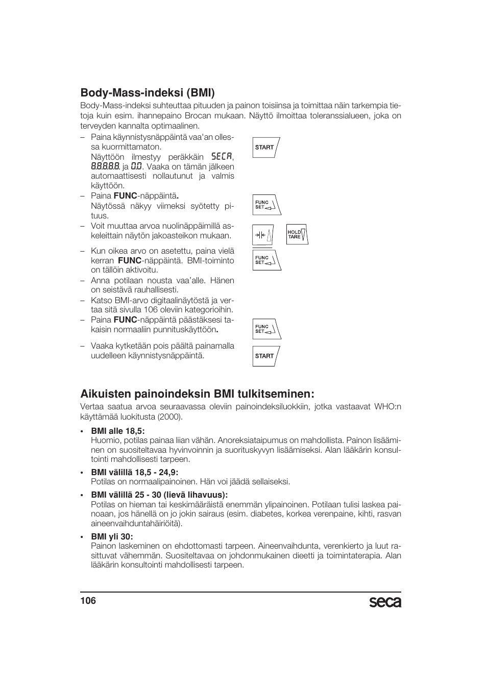 Body-mass-indeksi (bmi), Aikuisten painoindeksin bmi tulkitseminen | Seca 799 User Manual | Page 106 / 162