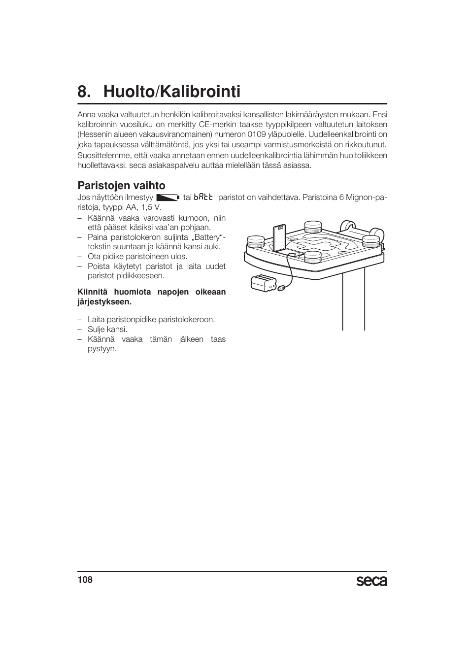 Huolto/kalibrointi, Paristojen vaihto | Seca 799 User Manual | Page 108 / 162