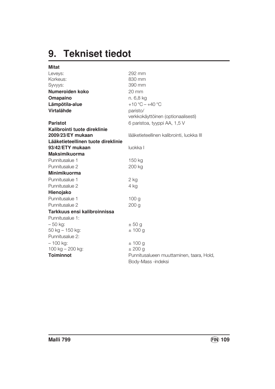 Tekniset tiedot | Seca 799 User Manual | Page 109 / 162