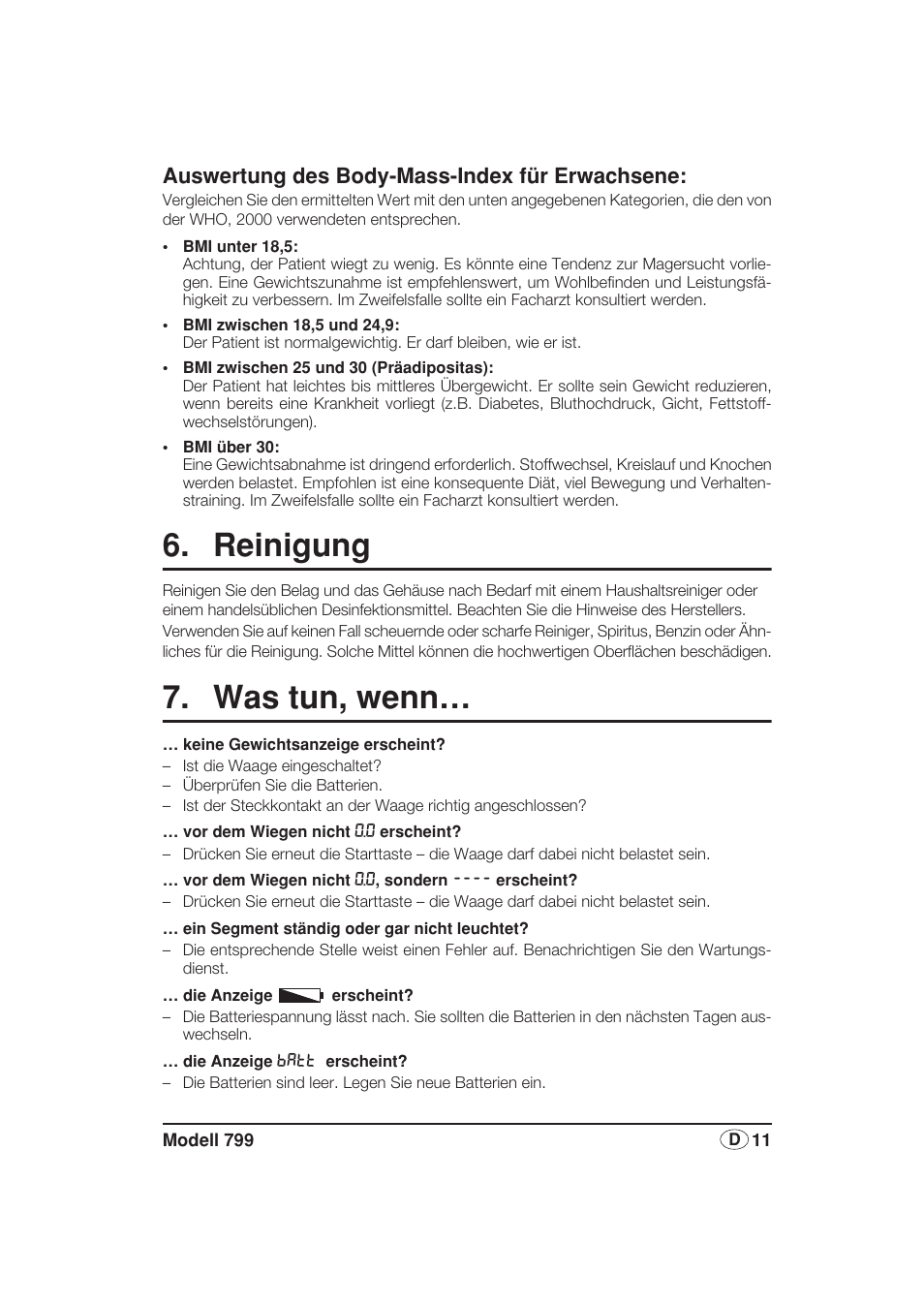 Auswertung des body-mass-index für erwachsene, Reinigung, Was tun, wenn | Seca 799 User Manual | Page 11 / 162