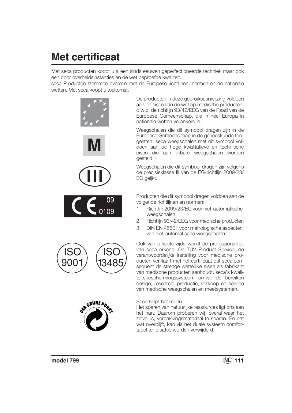Nederlands, Met certificaat | Seca 799 User Manual | Page 111 / 162