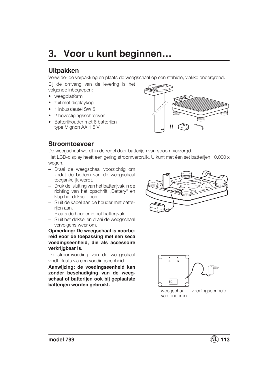Voor u kunt beginnen, Uitpakken, Stroomtoevoer | Seca 799 User Manual | Page 113 / 162
