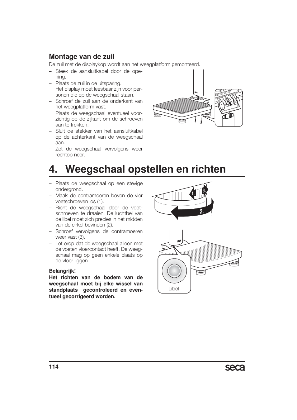 Montage van de zuil, Weegschaal opstellen en richten | Seca 799 User Manual | Page 114 / 162
