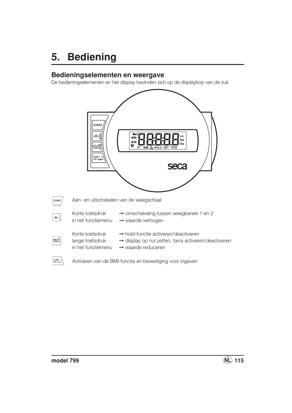 Bediening, Bedieningselementen en weergave | Seca 799 User Manual | Page 115 / 162