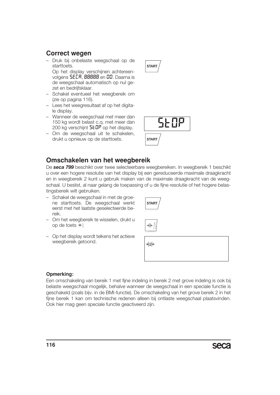 Correct wegen, Omschakelen van het weegbereik | Seca 799 User Manual | Page 116 / 162