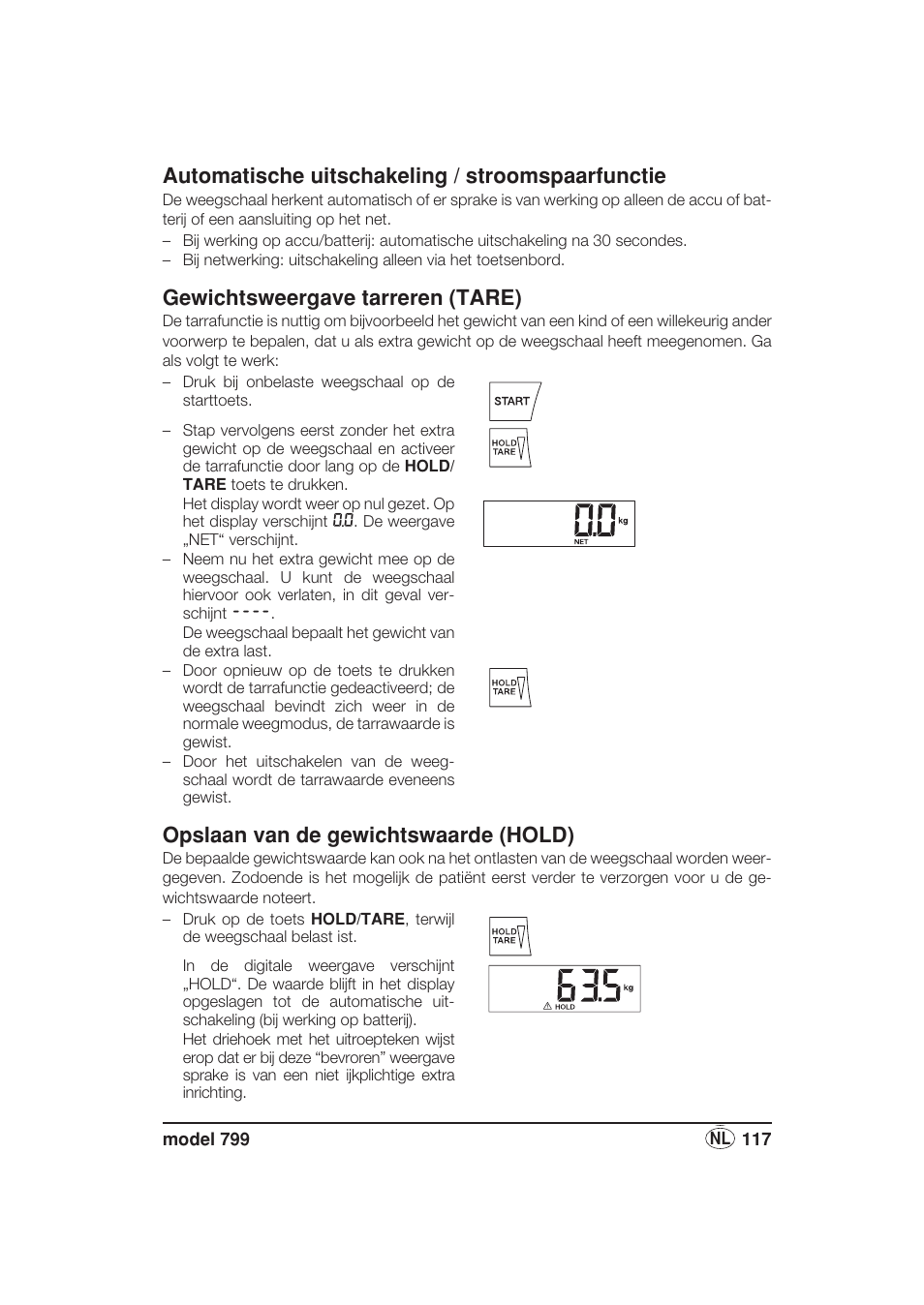 Automatische uitschakeling / stroomspaarfunctie, Gewichtsweergave tarreren (tare), Opslaan van de gewichtswaarde (hold) | Seca 799 User Manual | Page 117 / 162