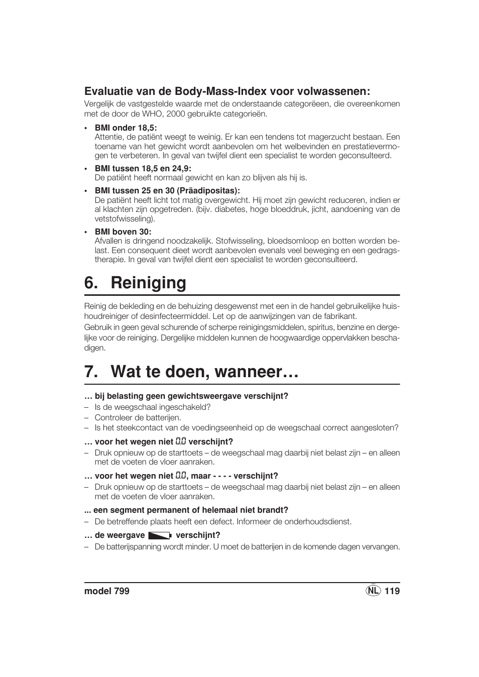 Evaluatie van de body-mass-index voor volwassenen, Reiniging, Wat te doen, wanneer | Seca 799 User Manual | Page 119 / 162