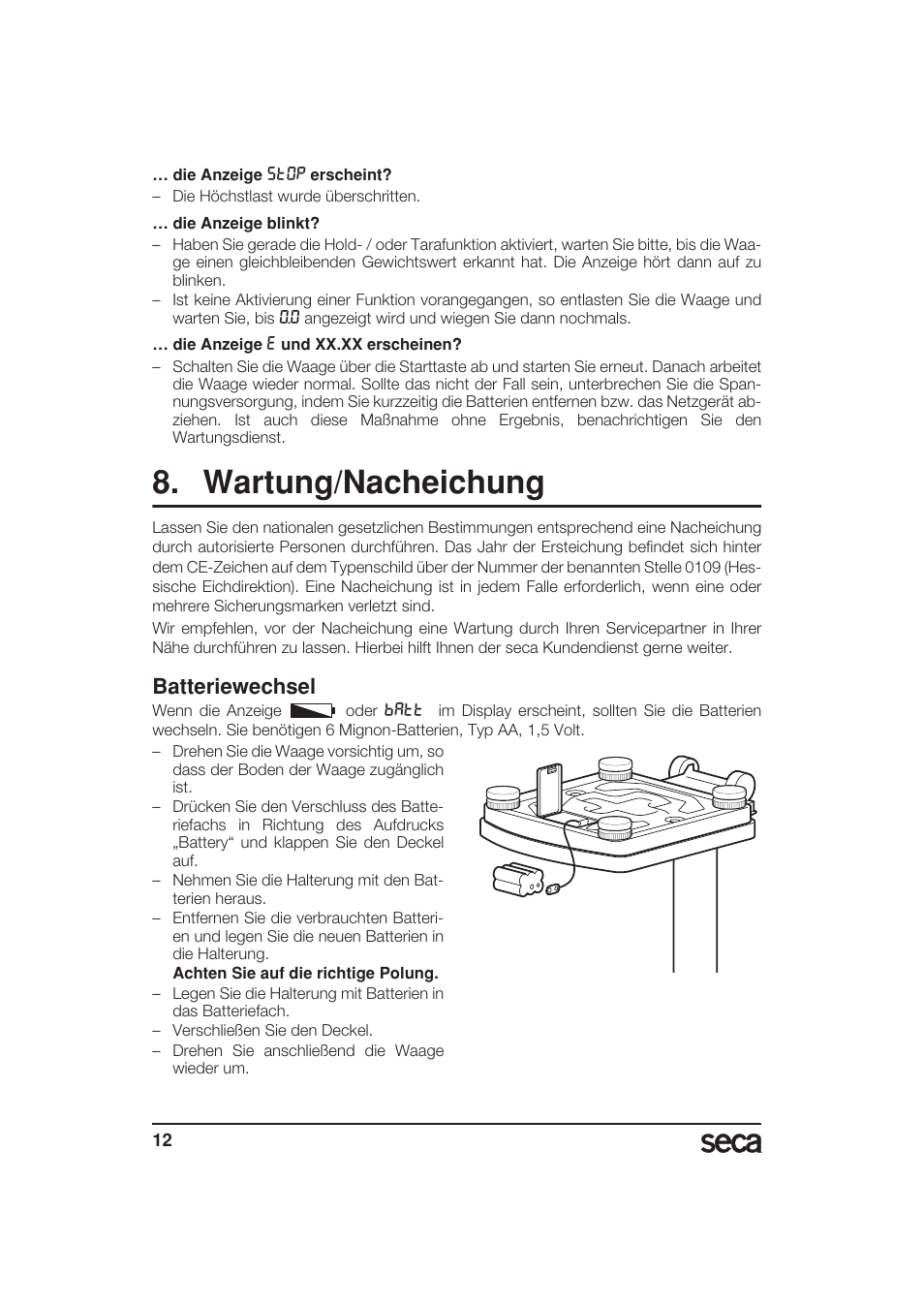 Wartung/nacheichung, Batteriewechsel | Seca 799 User Manual | Page 12 / 162