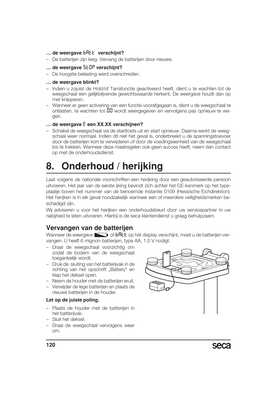 Onderhoud / herijking, Vervangen van de batterijen | Seca 799 User Manual | Page 120 / 162