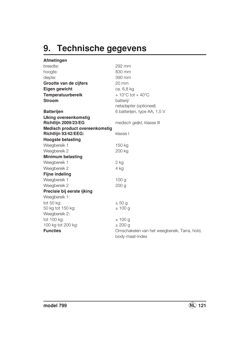 Technische gegevens | Seca 799 User Manual | Page 121 / 162
