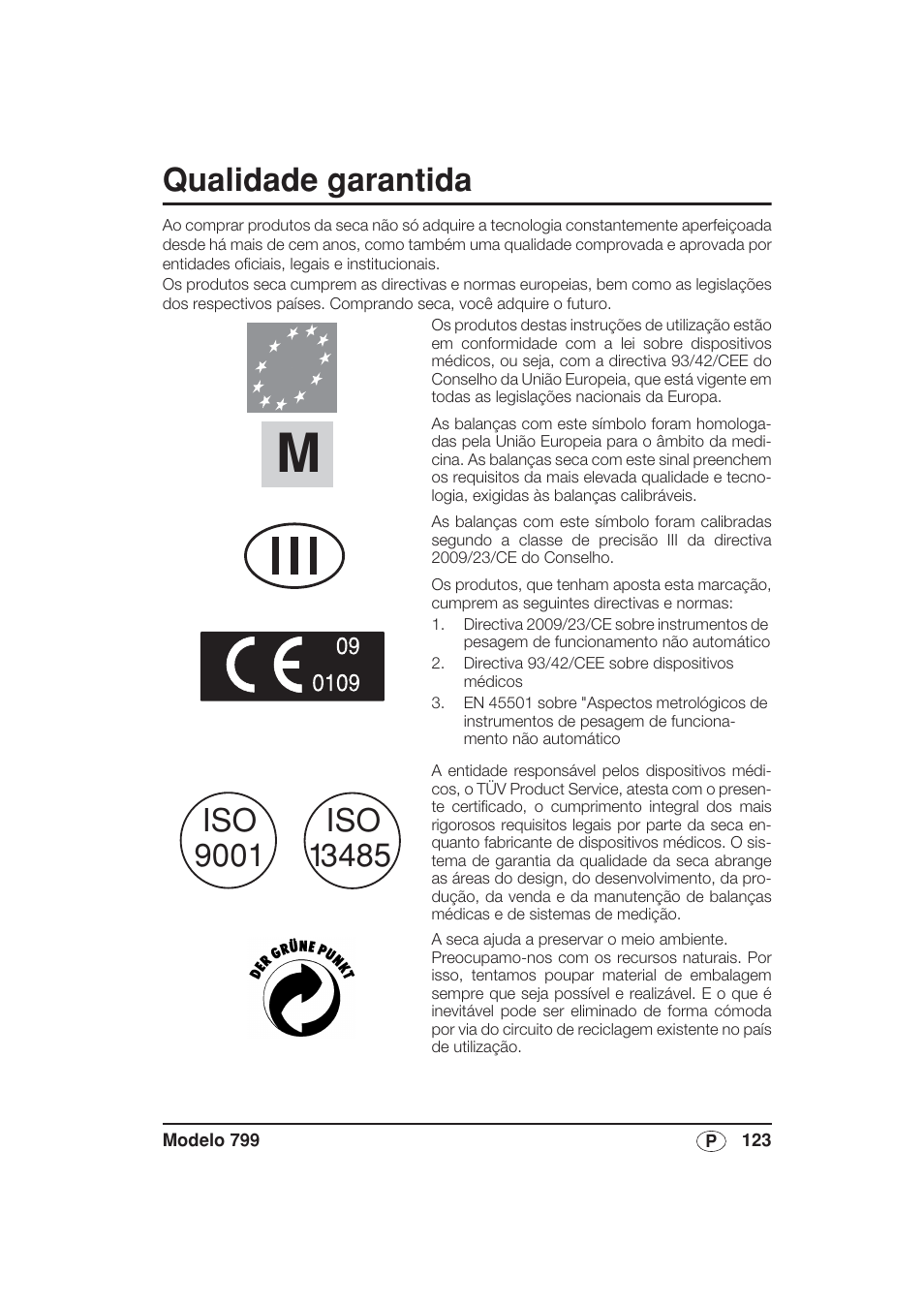 Português, Qualidade garantida | Seca 799 User Manual | Page 123 / 162