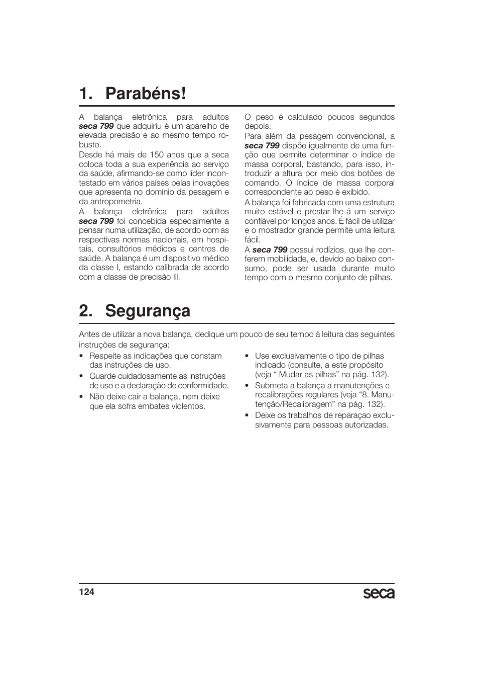 Parabéns, Segurança | Seca 799 User Manual | Page 124 / 162