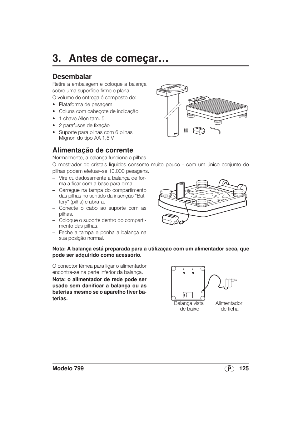 Antes de começar, Desembalar, Alimentação de corrente | Seca 799 User Manual | Page 125 / 162