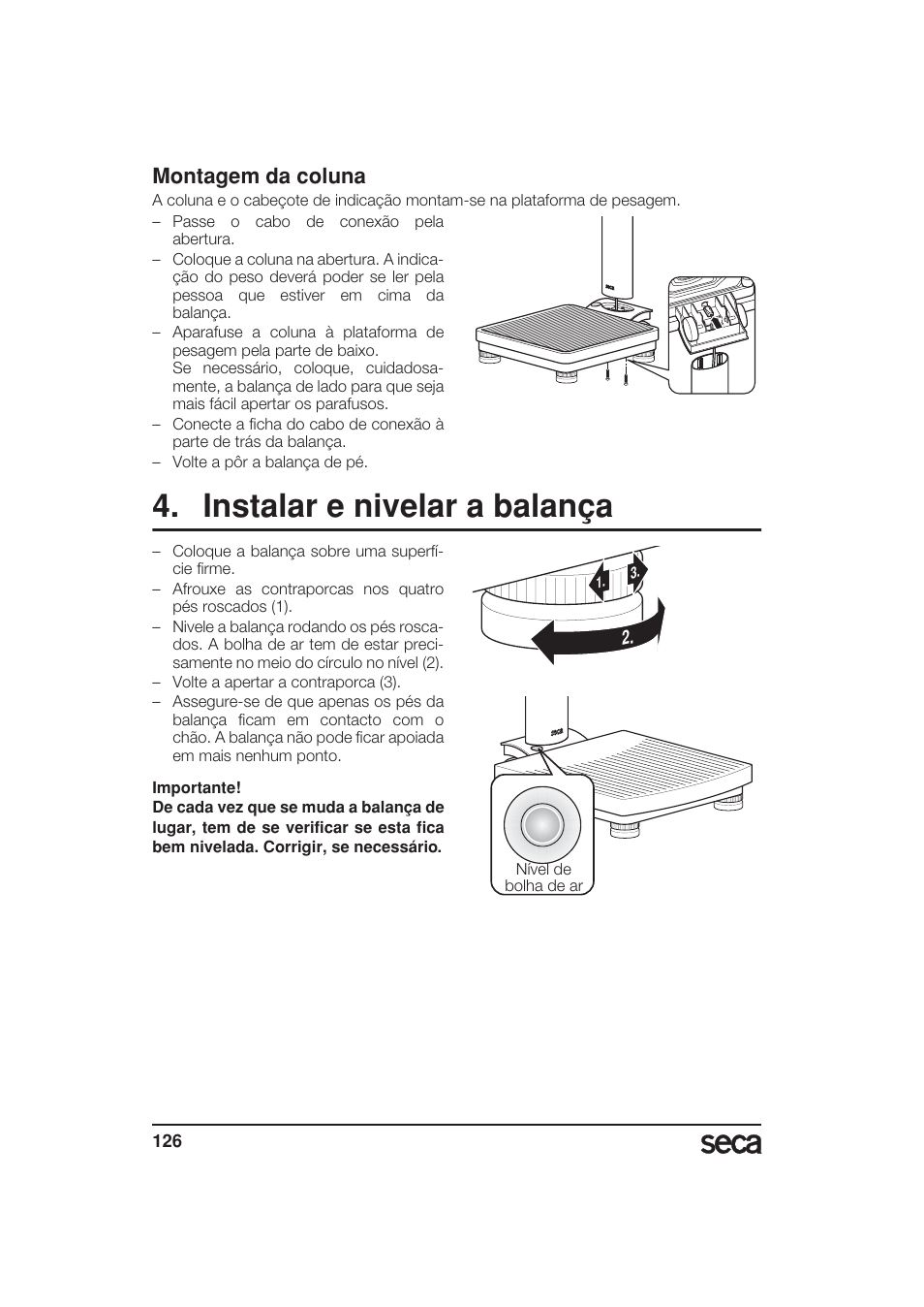 Montagem da coluna, Instalar e nivelar a balança | Seca 799 User Manual | Page 126 / 162