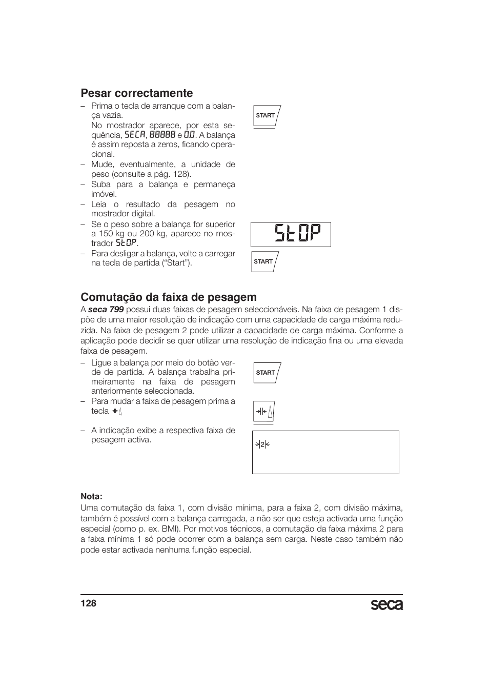 Pesar correctamente, Comutação da faixa de pesagem | Seca 799 User Manual | Page 128 / 162