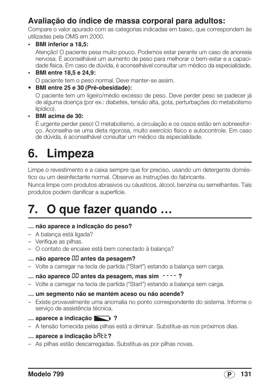 Avaliação do índice de massa corporal para adultos, Limpeza, O que fazer quando | Seca 799 User Manual | Page 131 / 162
