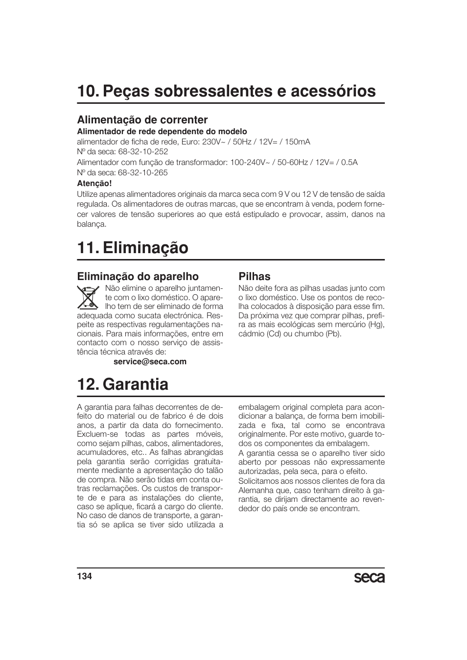 Peças sobressalentes e acessórios, Alimentação de correnter, Eliminação | Eliminação do aparelho, Pilhas, Garantia | Seca 799 User Manual | Page 134 / 162