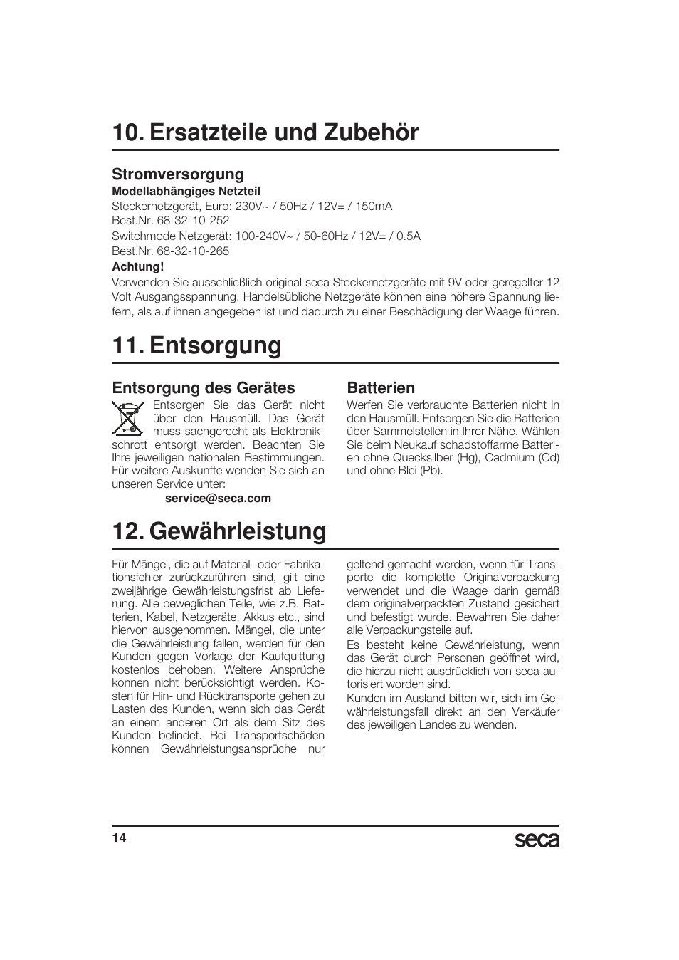 Ersatzteile und zubehör, Stromversorgung, Entsorgung | Entsorgung des gerätes, Batterien, Gewährleistung | Seca 799 User Manual | Page 14 / 162