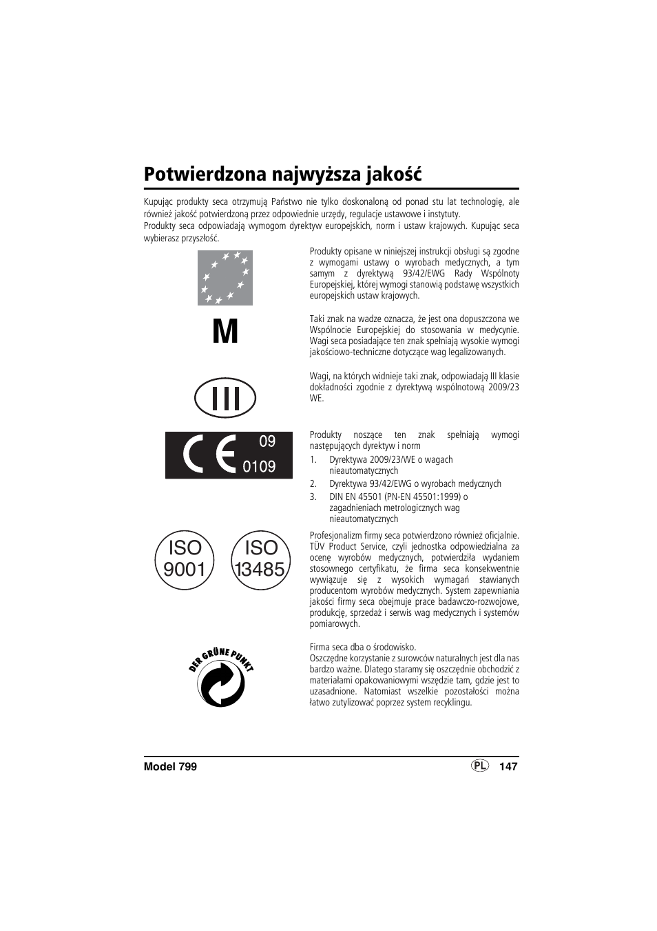 Polski, Potwierdzona najwyższa jakość | Seca 799 User Manual | Page 147 / 162