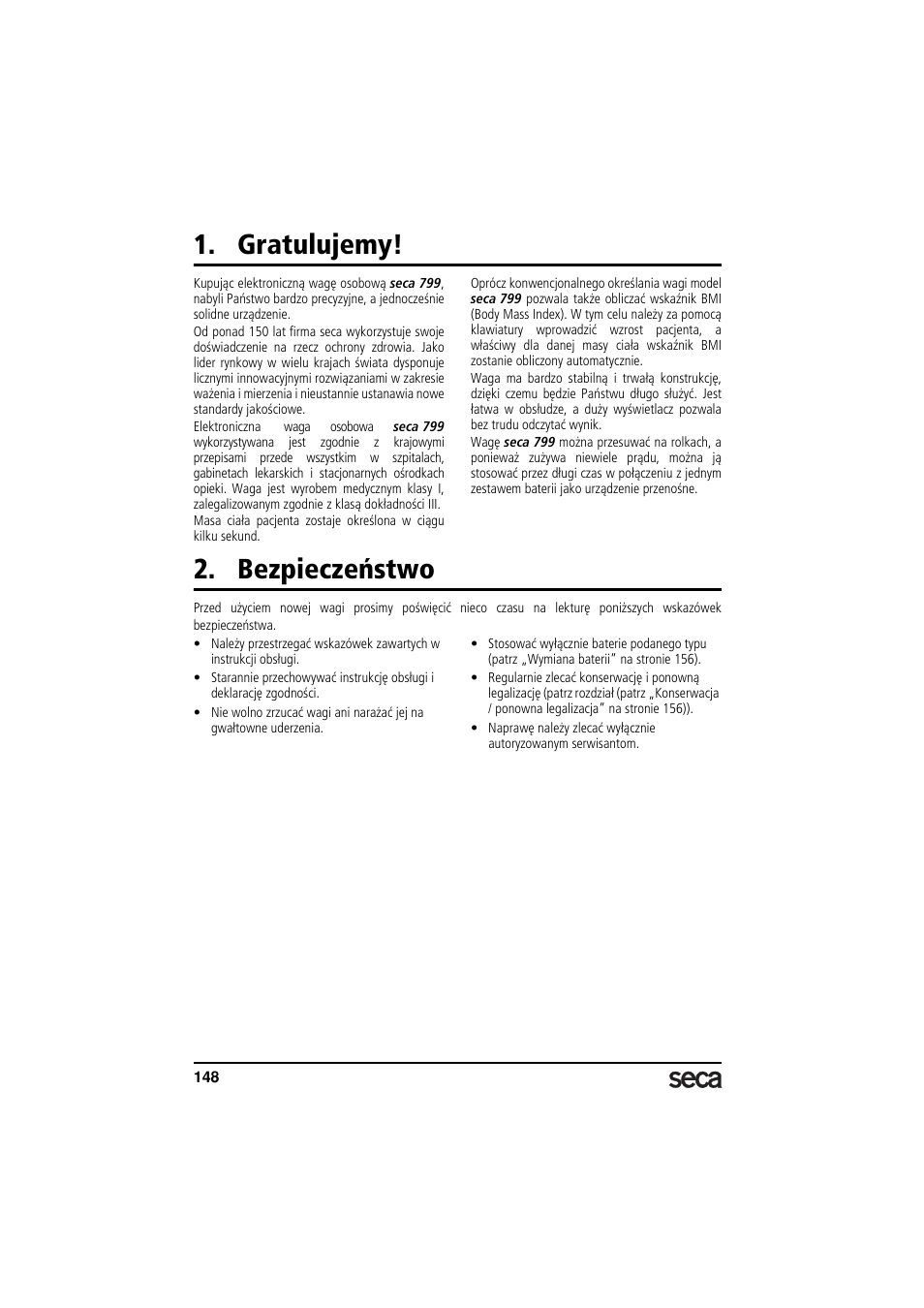 Gratulujemy, Bezpieczeństwo | Seca 799 User Manual | Page 148 / 162
