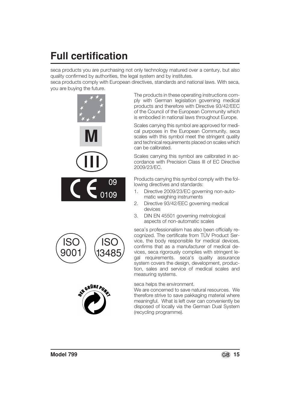 English, Full certification | Seca 799 User Manual | Page 15 / 162