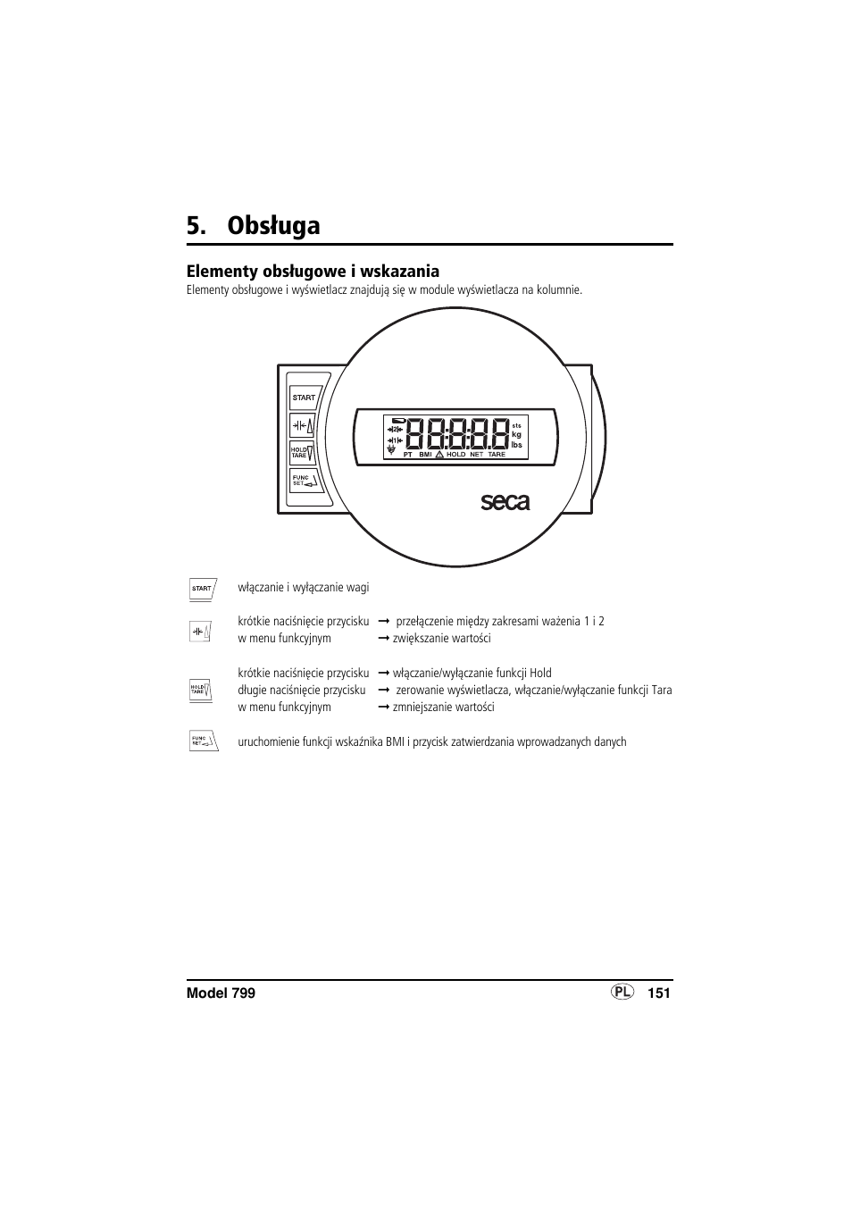 Obsługa, Elementy obsługowe i wskazania | Seca 799 User Manual | Page 151 / 162