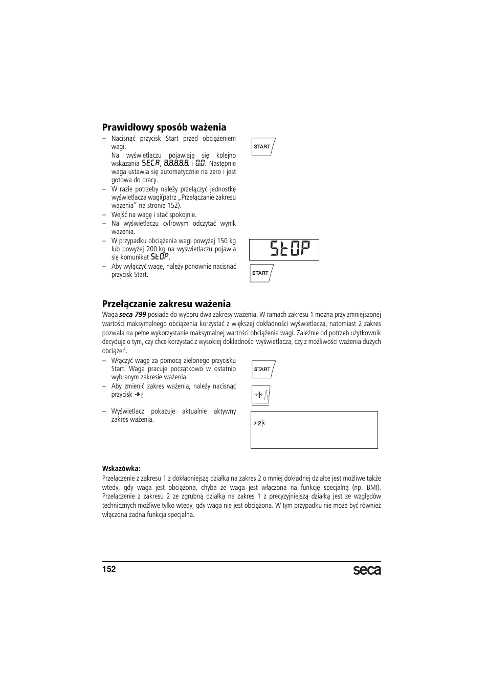 Prawidłowy sposób ważenia, Przełączanie zakresu ważenia | Seca 799 User Manual | Page 152 / 162