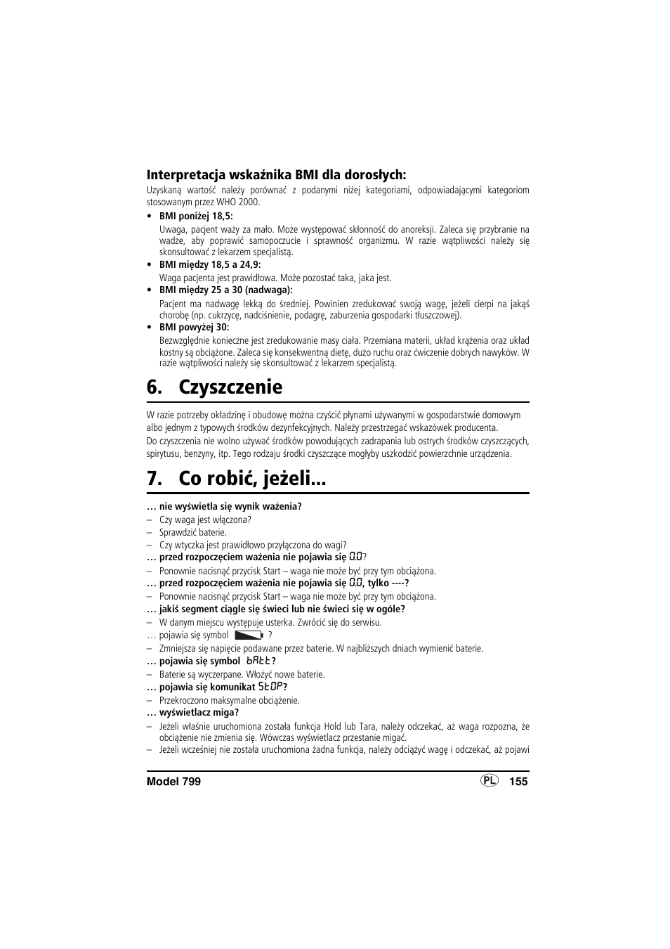 Interpretacja wskaźnika bmi dla dorosłych, Czyszczenie, Co robić, jeżeli | Seca 799 User Manual | Page 155 / 162