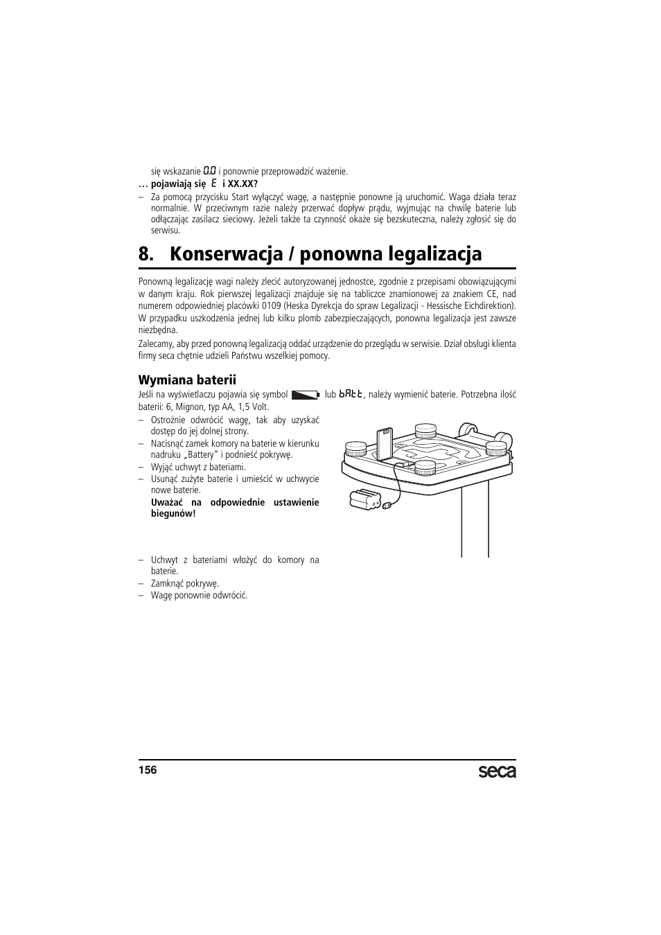Konserwacja / ponowna legalizacja, Wymiana baterii | Seca 799 User Manual | Page 156 / 162