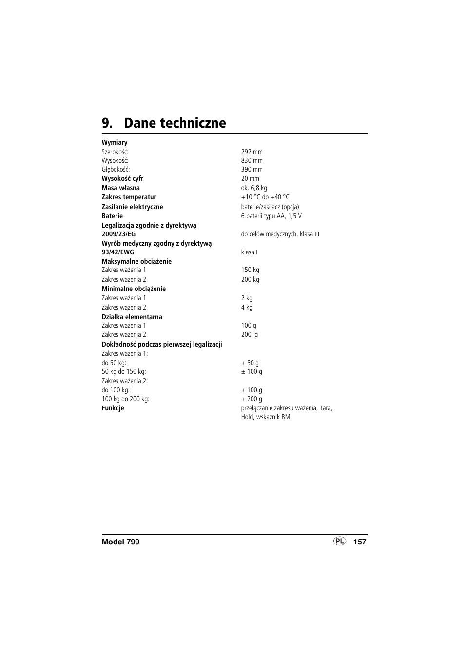 Dane techniczne | Seca 799 User Manual | Page 157 / 162