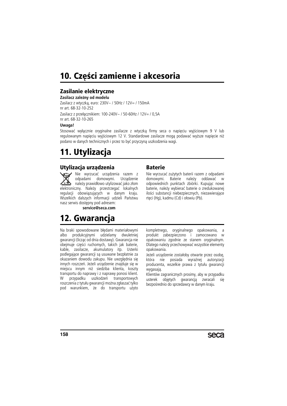 Części zamienne i akcesoria, Utylizacja, Zasilanie elektryczne | Utylizacja urządzenia, Baterie, Gwarancja | Seca 799 User Manual | Page 158 / 162