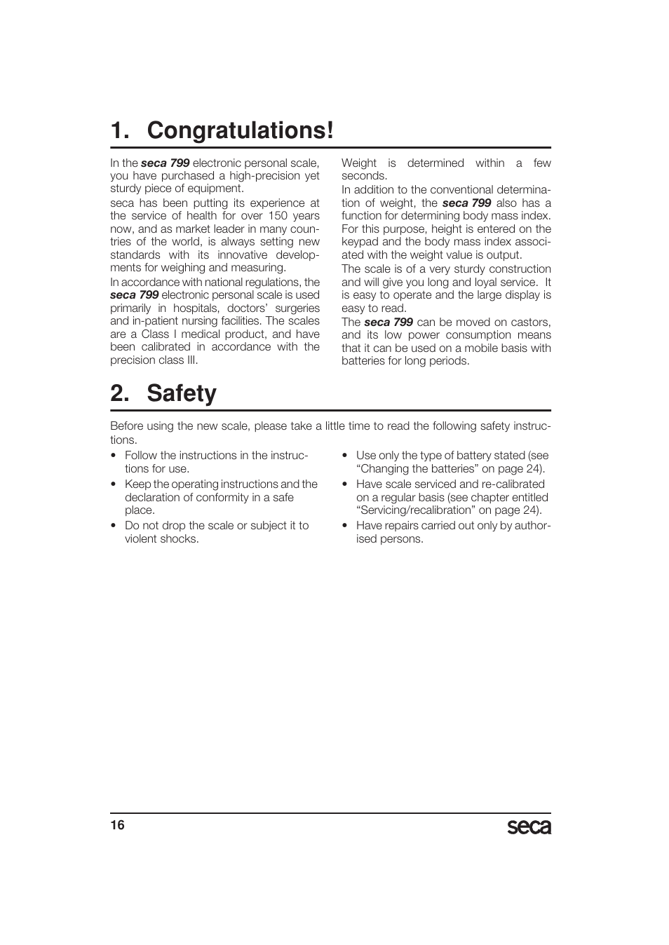 Congratulations, Safety | Seca 799 User Manual | Page 16 / 162