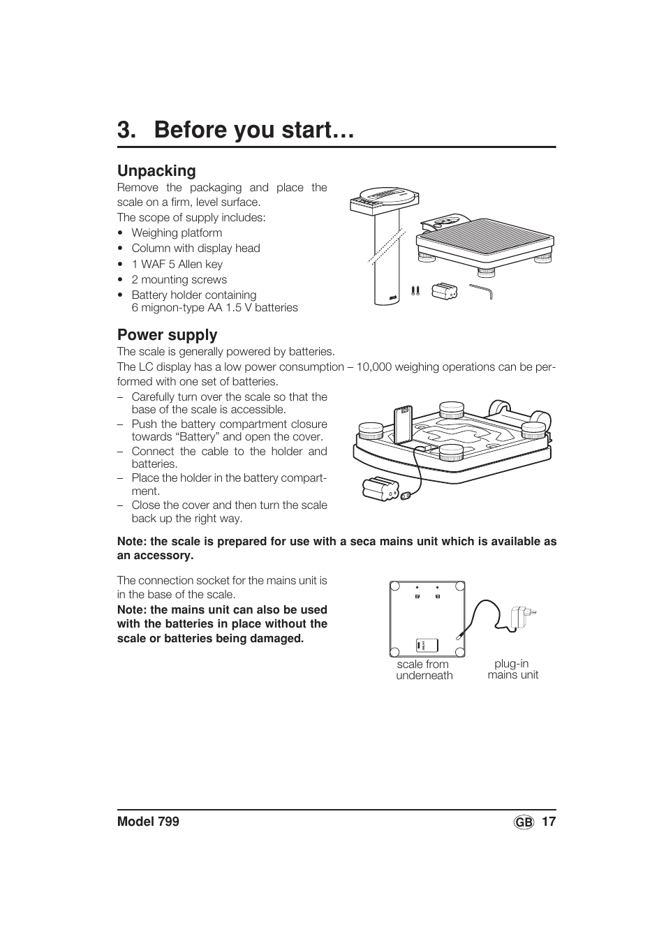 Before you start, Unpacking, Power supply | Seca 799 User Manual | Page 17 / 162