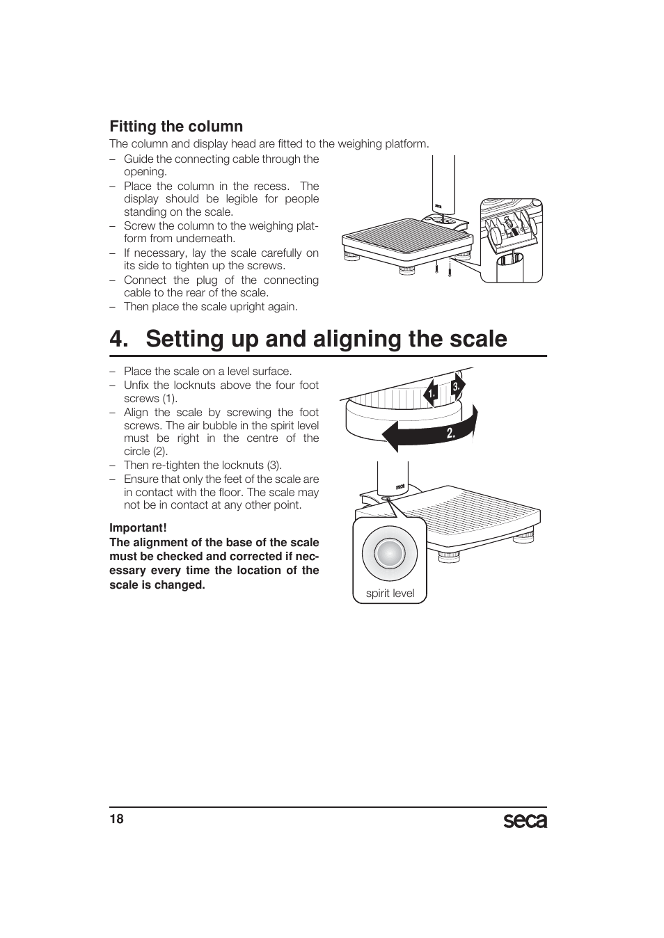 Fitting the column, Setting up and aligning the scale | Seca 799 User Manual | Page 18 / 162