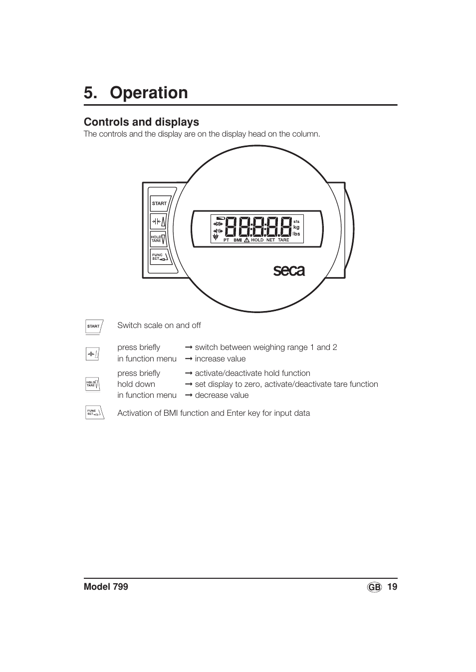 Operation, Controls and displays | Seca 799 User Manual | Page 19 / 162