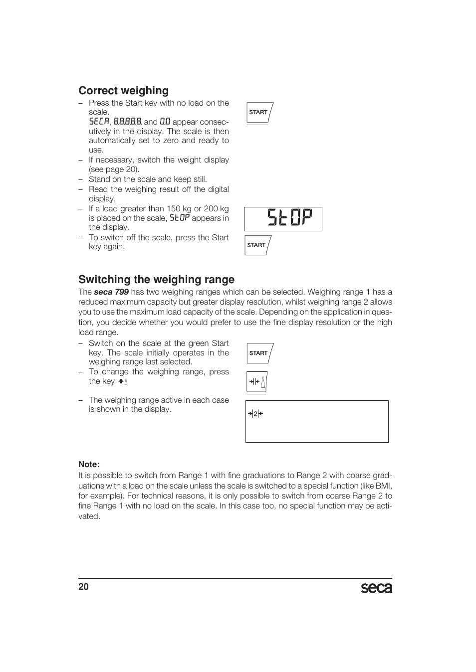 Correct weighing, Switching the weighing range | Seca 799 User Manual | Page 20 / 162