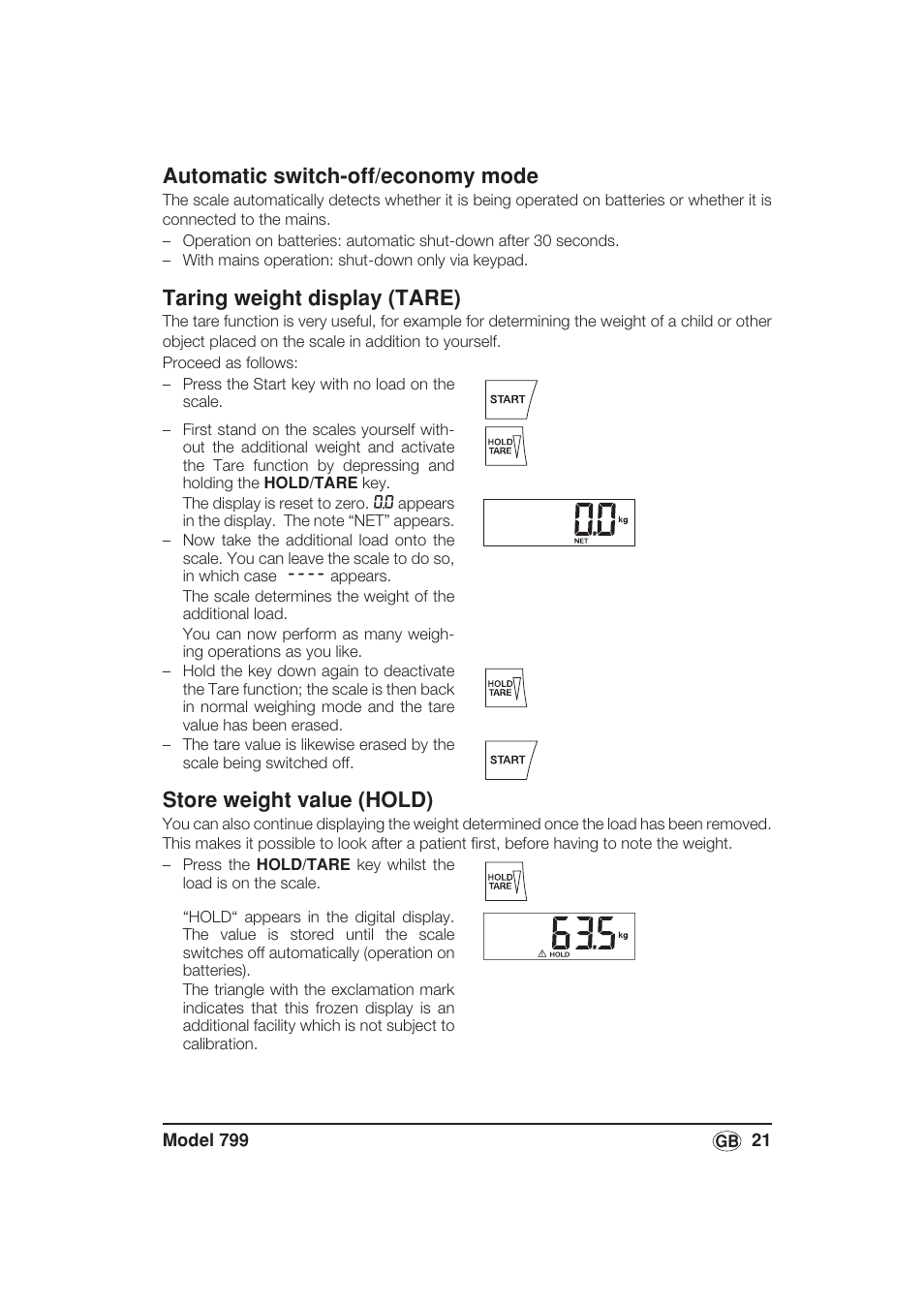 Automatic switch-off/economy mode, Taring weight display (tare), Store weight value (hold) | Seca 799 User Manual | Page 21 / 162