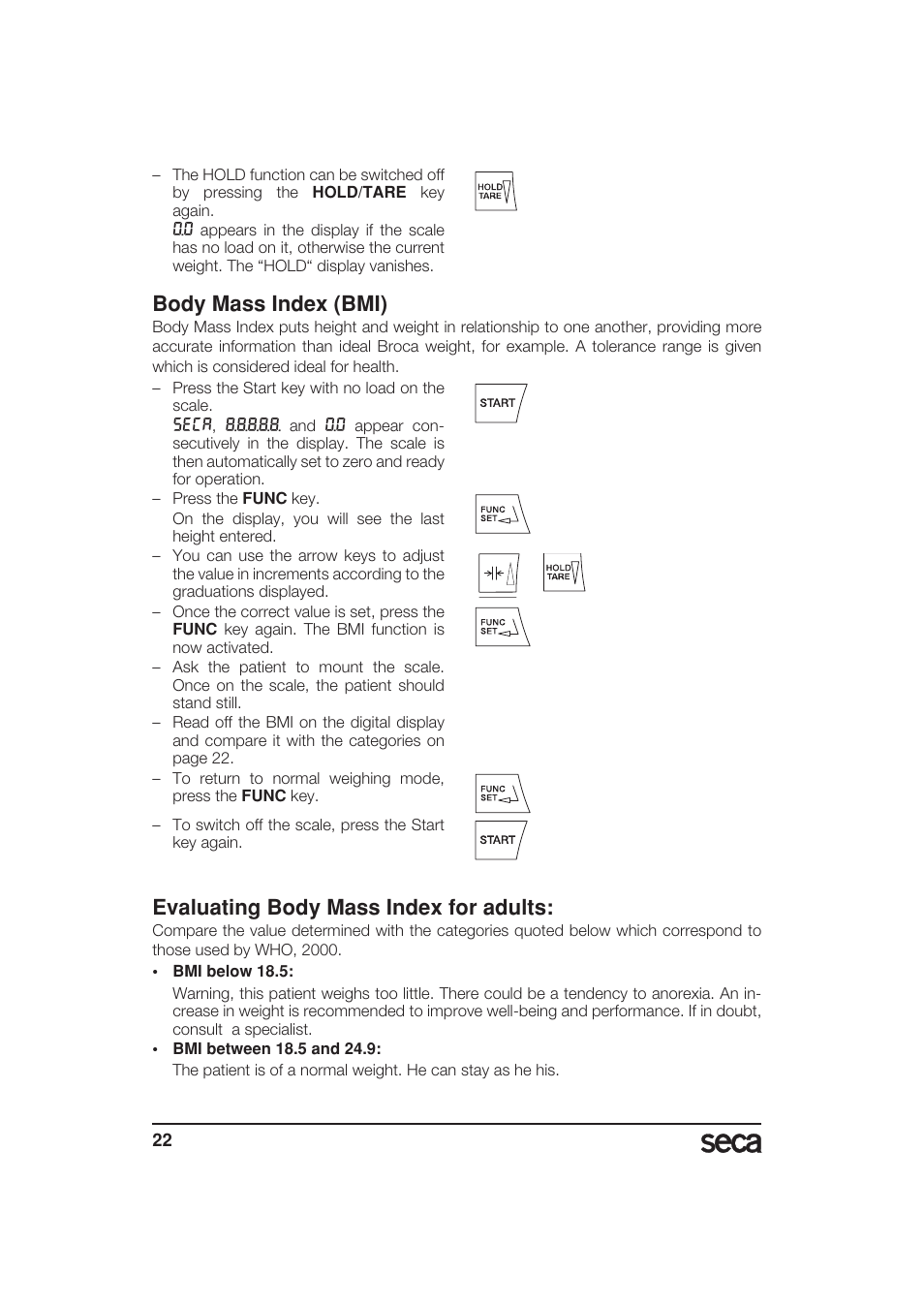 Body mass index (bmi), Evaluating body mass index for adults | Seca 799 User Manual | Page 22 / 162