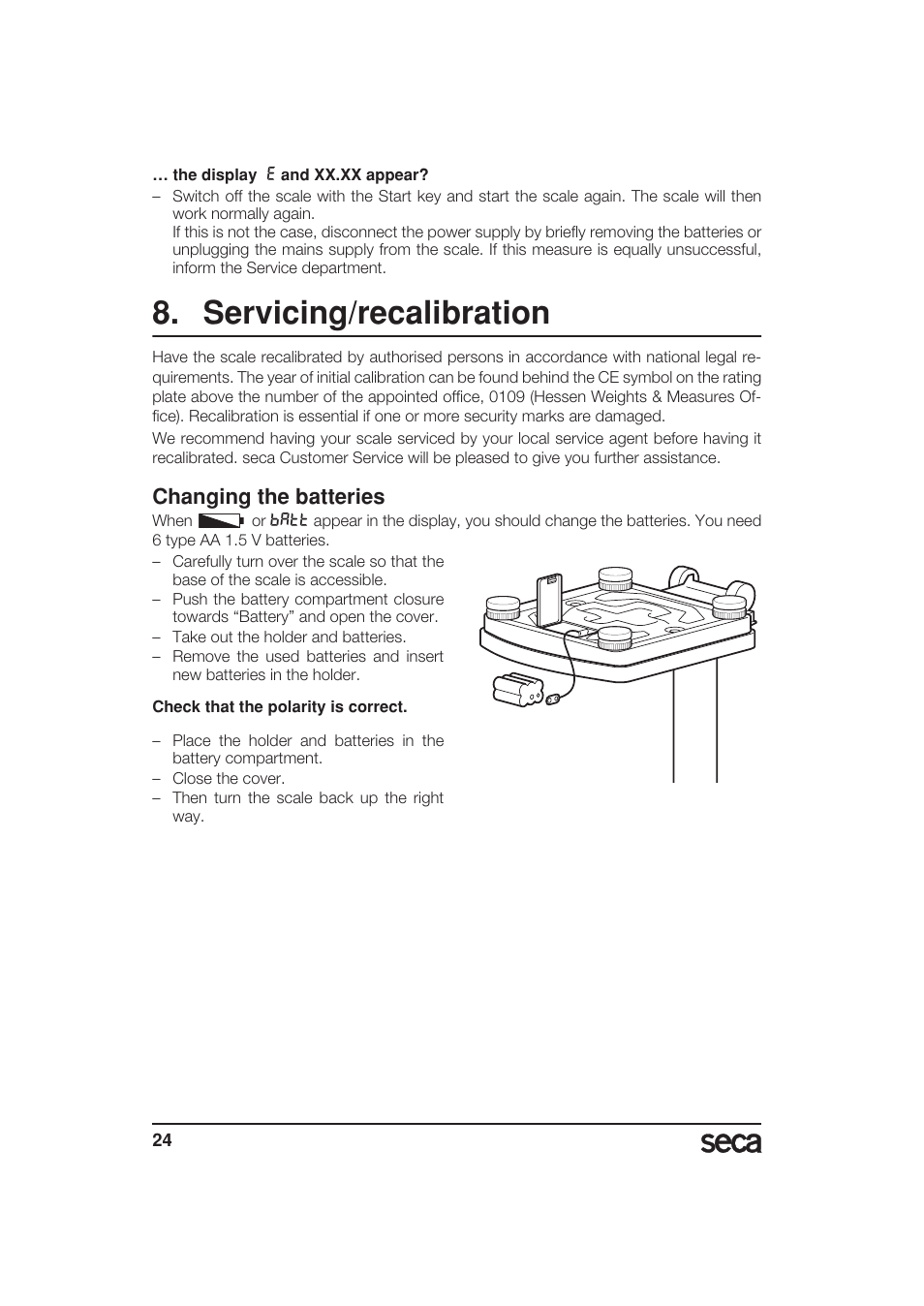 Servicing/recalibration, Changing the batteries | Seca 799 User Manual | Page 24 / 162