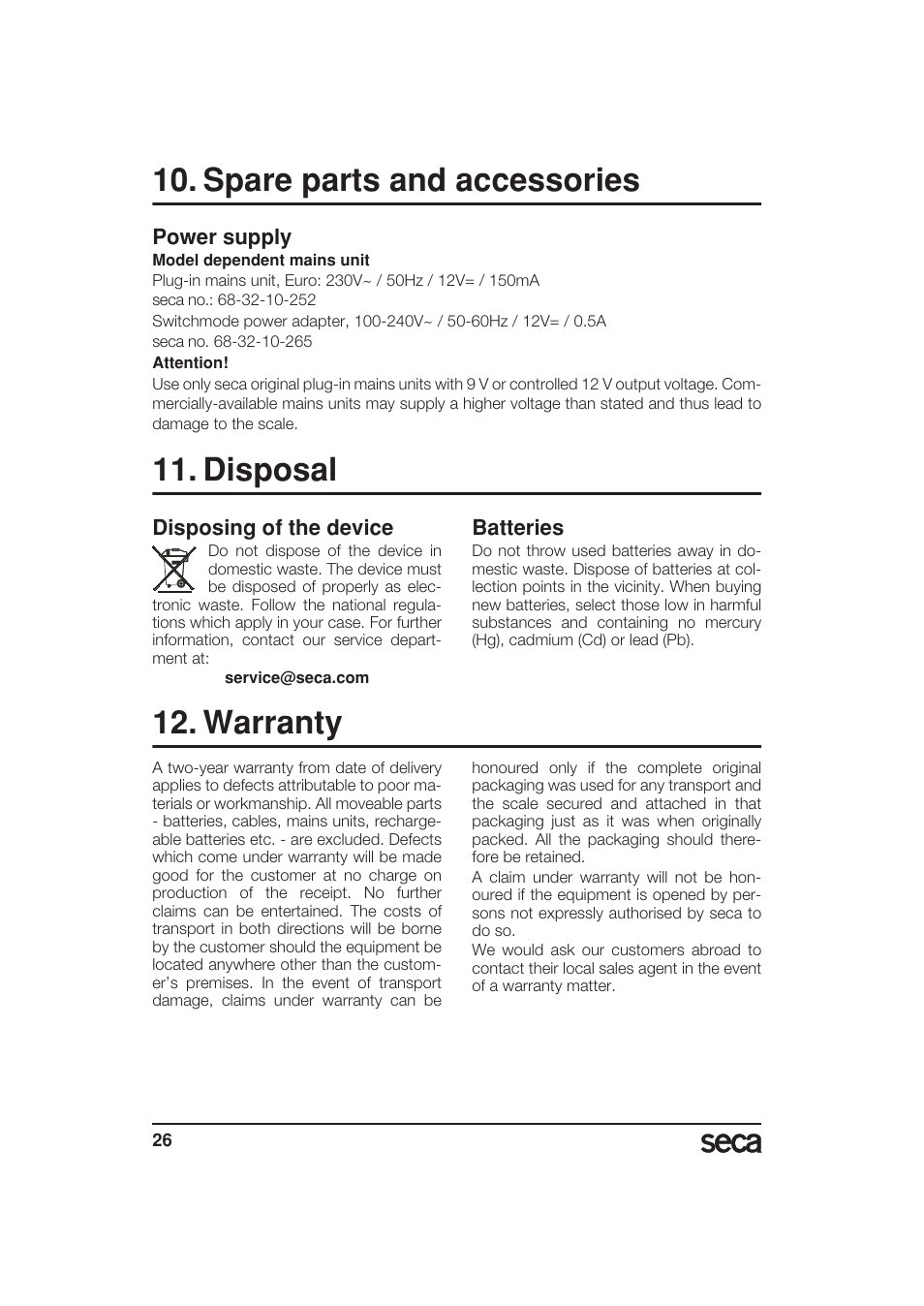 Spare parts and accessories, Power supply, Disposal | Disposing of the device, Batteries, Warranty | Seca 799 User Manual | Page 26 / 162
