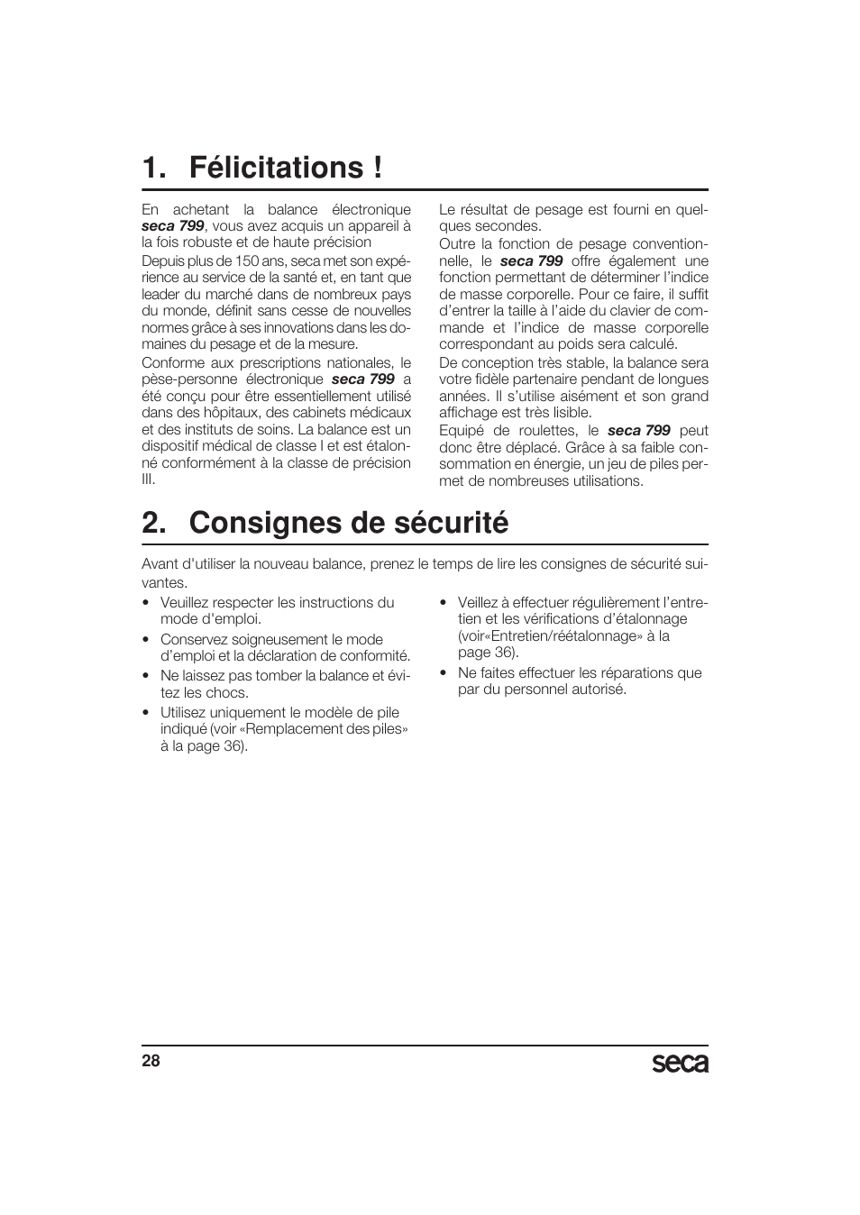 Félicitations, Consignes de sécurité | Seca 799 User Manual | Page 28 / 162