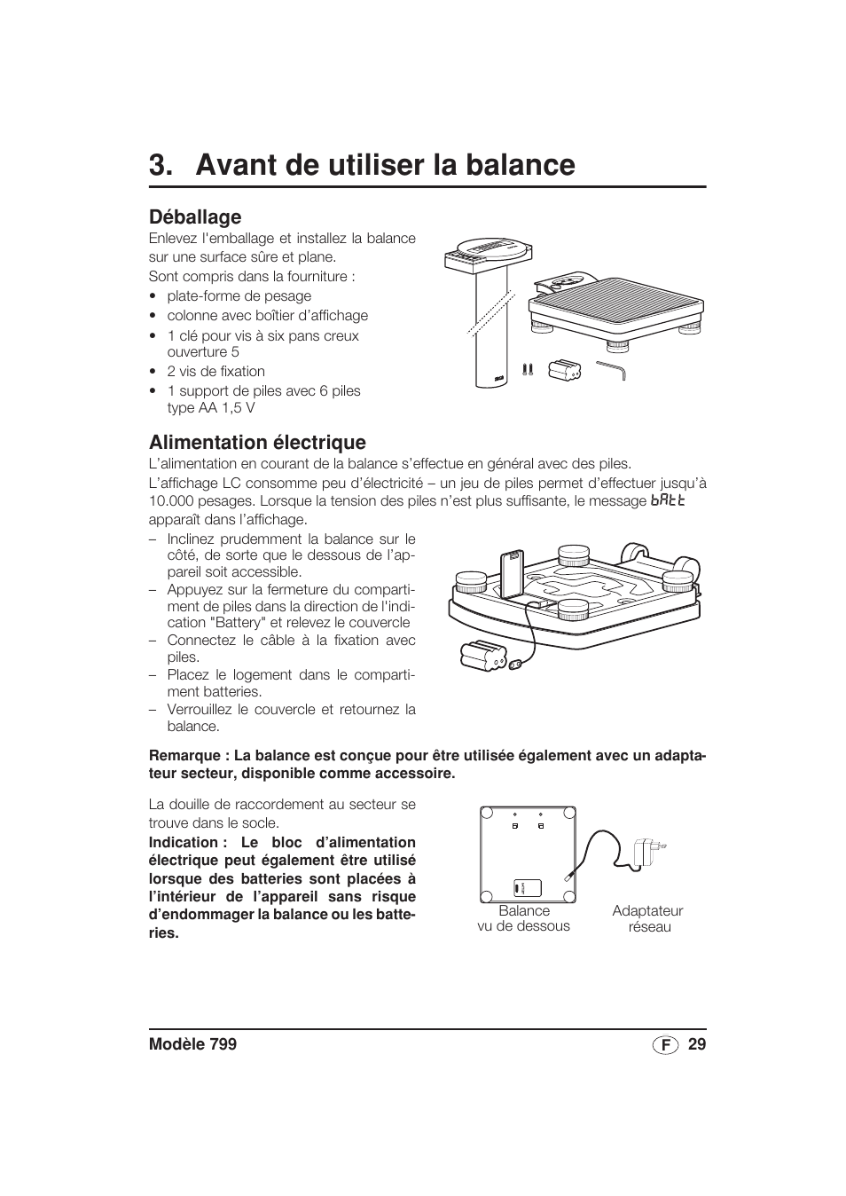 Avant de utiliser la balance, Déballage, Alimentation électrique | Seca 799 User Manual | Page 29 / 162